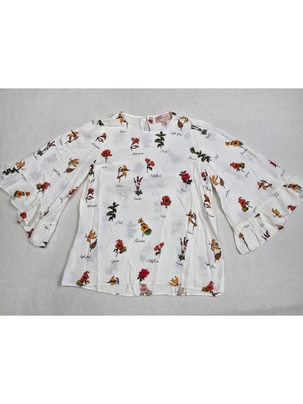 Philosophy Womens Small White Floral Print Bell Sleeve Blouse Keyhole